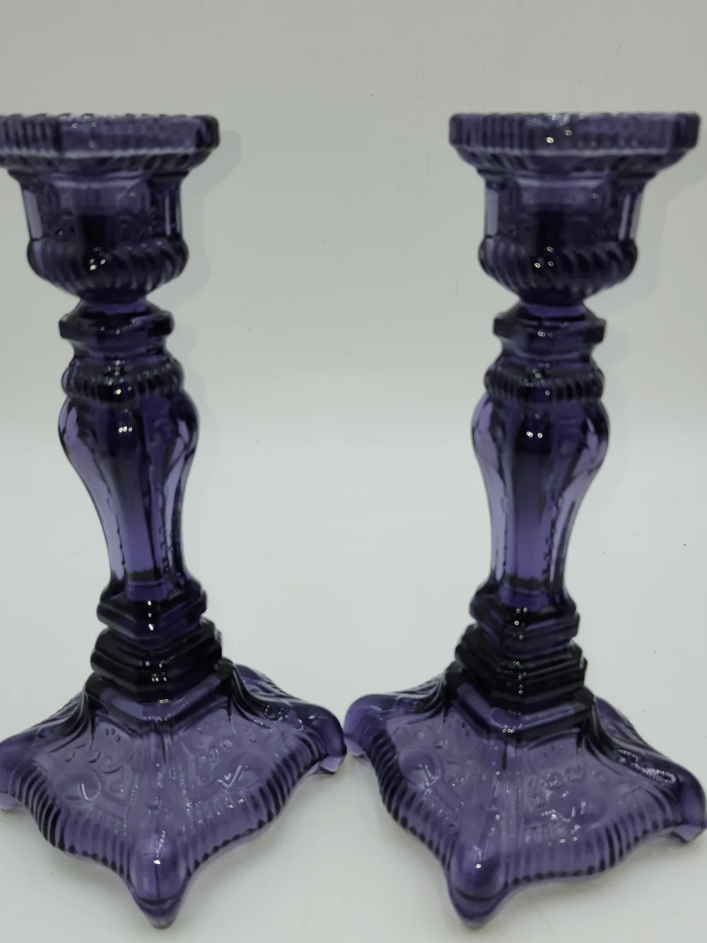 Vintage  Glass Candlestick Pair Godinger  Yorktown PURPLE AMETHYST YORKTOWN
